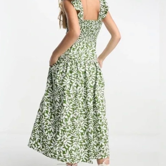 Abercrombie & Fitch Green White Floral Ruffle Strap Smocked Midi Dress S - Picture 3 of 7
